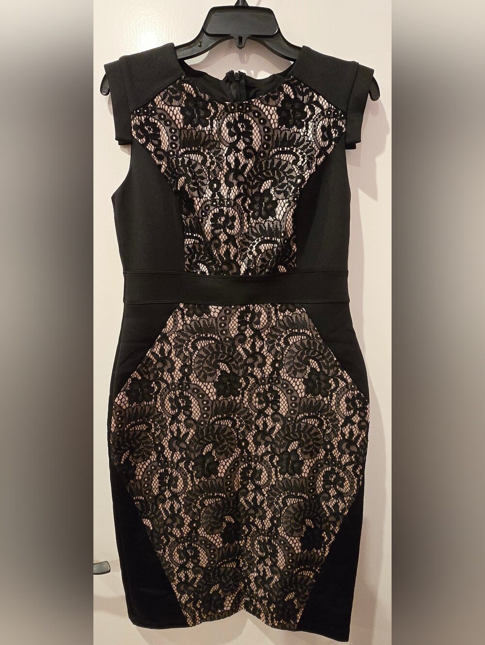 Enfocus Studio Black Lace Overlay Midi Dress with Nude Lining